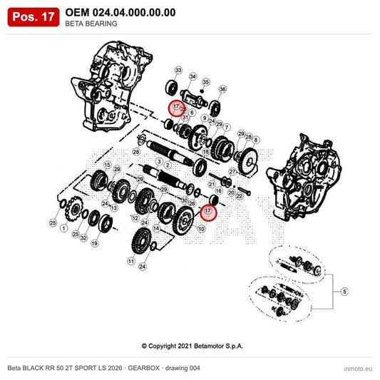 BETA BEARING – OEM 024.04.000.00.00, position 17 on the Beta BLACK RR 50 2T SPORT LS 2026 gearbox drawing