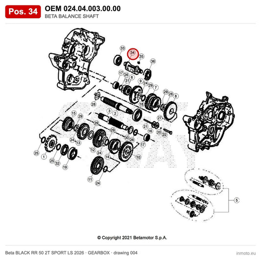 BETA BALANCE SHAFT – OEM 024.04.003.00.00, position 34 on the Beta BLACK RR 50 2T SPORT LS 2026 gearbox drawing