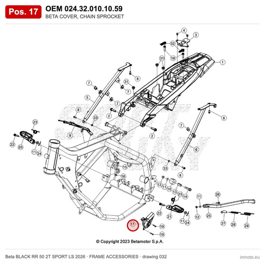 BETA COVER, CHAIN SPROCKET – OEM 024.32.010.10.59, position 17 on the Beta BLACK RR 50 2T SPORT LS 2026 frame accessories drawing