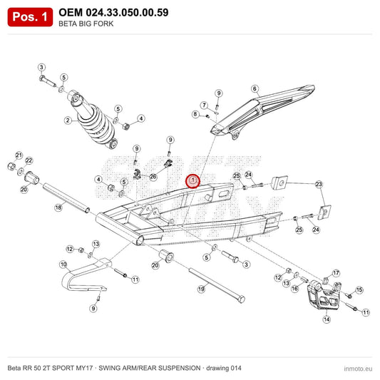 BETA BIG FORK – OEM 024.33.050.00.59, position 1 on the Beta RR 50 2T SPORT MY17 swing arm/rear suspension drawing