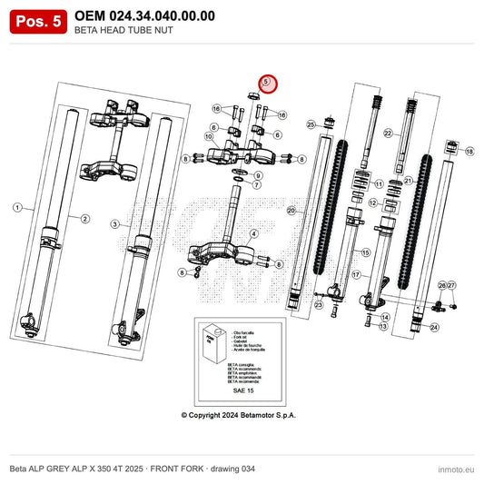 BETA HEAD TUBE NUT – OEM 024.34.040.00.00, position 5 on the Beta ALP GREY ALP X 350 4T 2025 front fork drawing