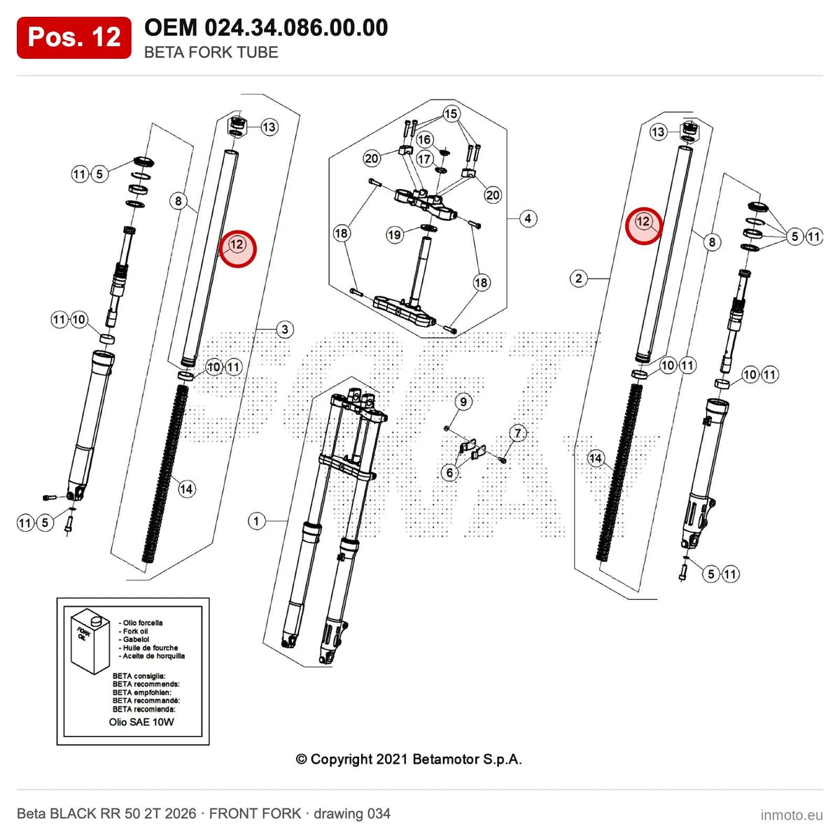 BETA FORK TUBE – OEM 024.34.086.00.00, position 12 on the Beta BLACK RR 50 2T 2026 front fork drawing