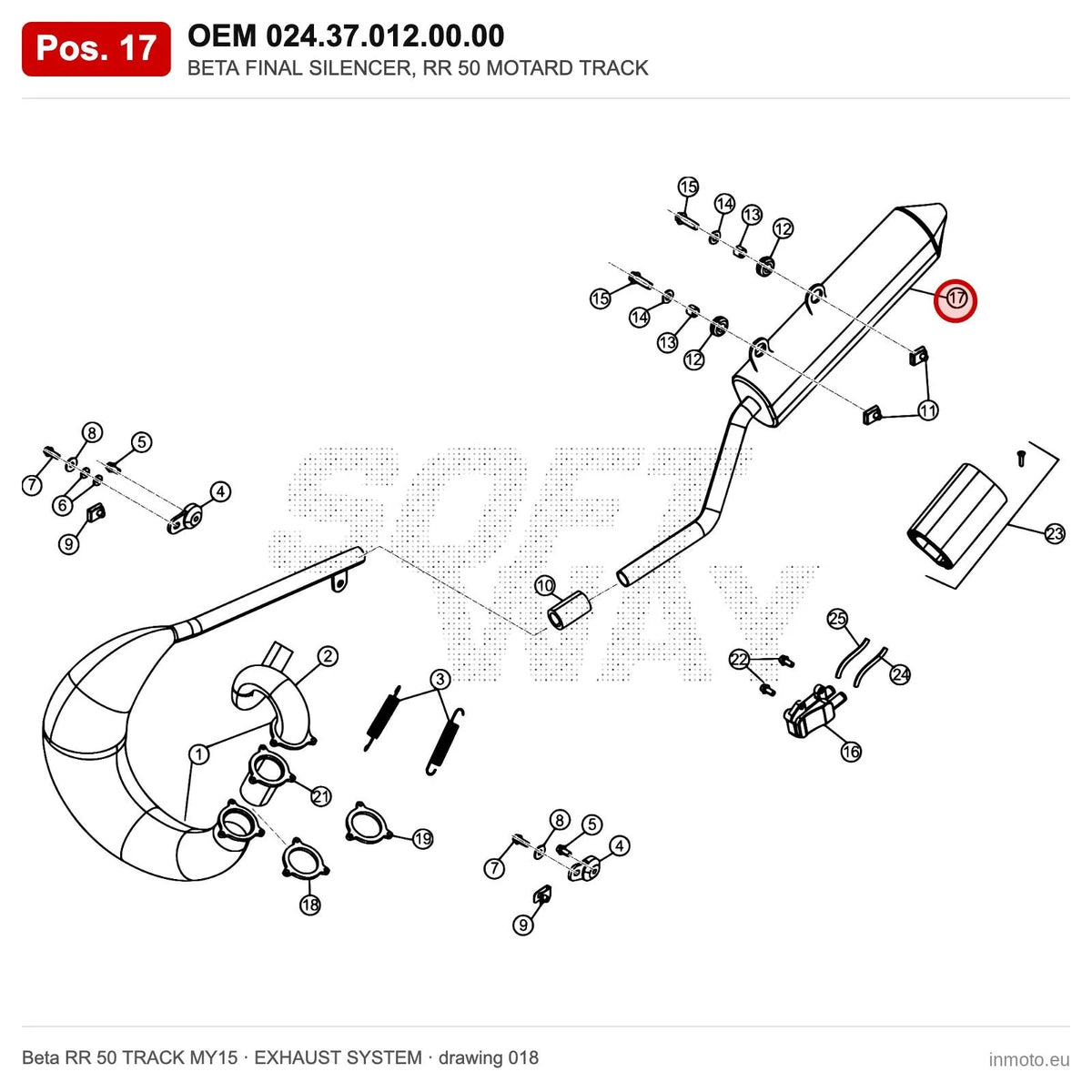 BETA FINAL SILENCER, RR 50 MOTARD TRACK – OEM 024.37.012.00.00, position 17 on the Beta RR 50 TRACK MY15 exhaust system drawing
