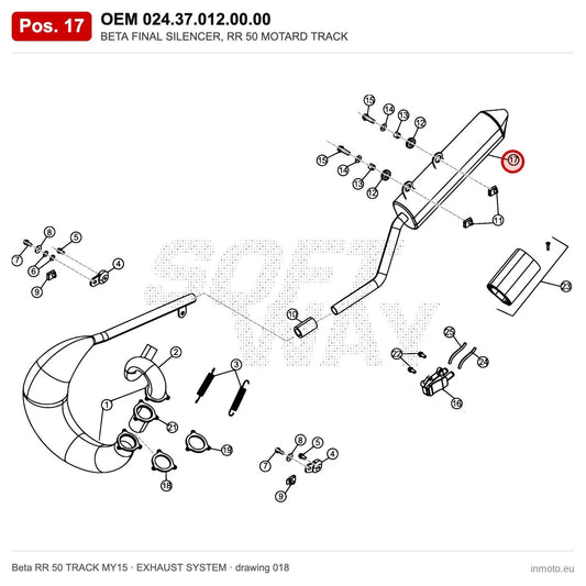 BETA FINAL SILENCER, RR 50 MOTARD TRACK – OEM 024.37.012.00.00, position 17 on the Beta RR 50 TRACK MY15 exhaust system drawing
