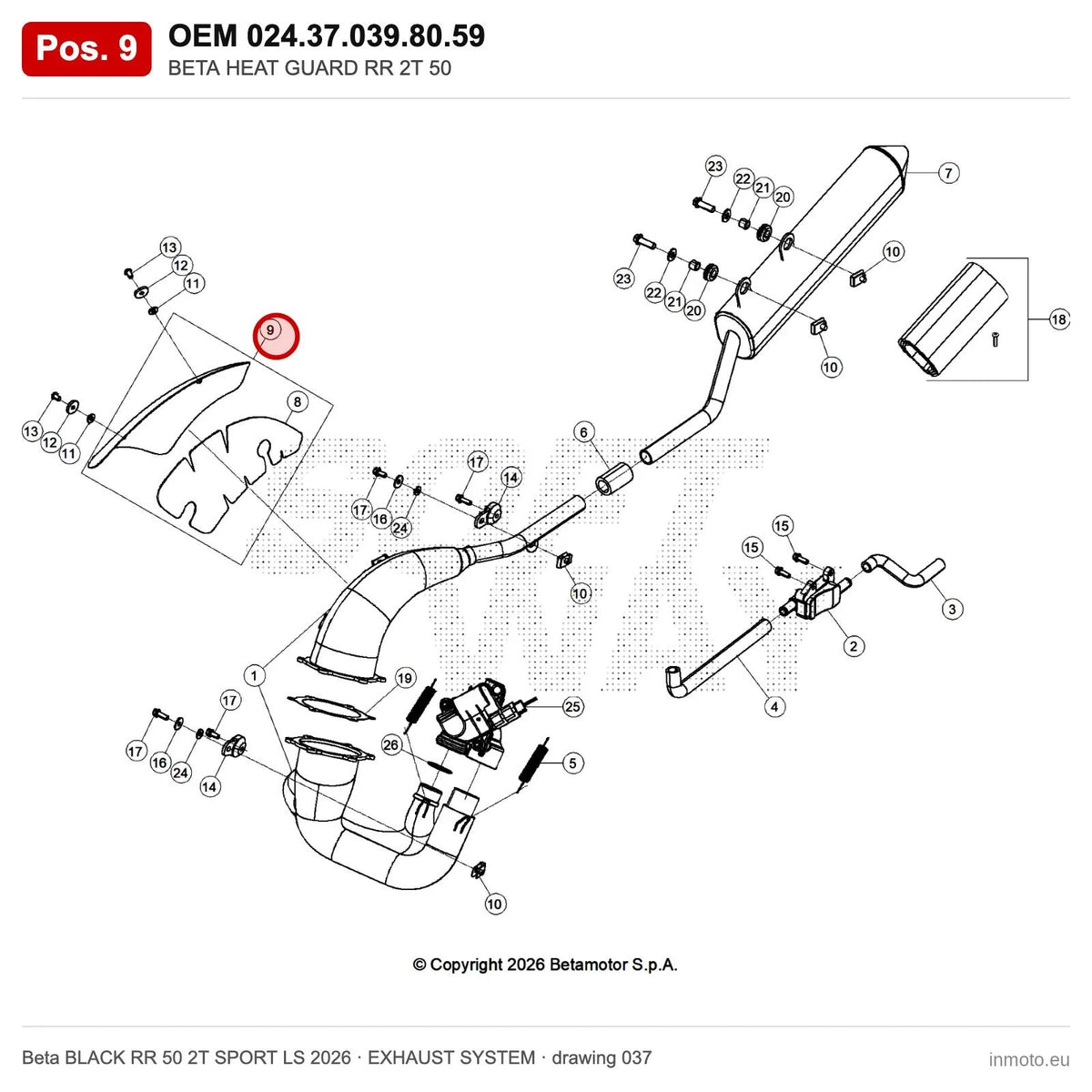 BETA HEAT GUARD RR 2T 50 – OEM 024.37.039.80.59, position 9 on the Beta BLACK RR 50 2T SPORT LS 2026 exhaust system drawing