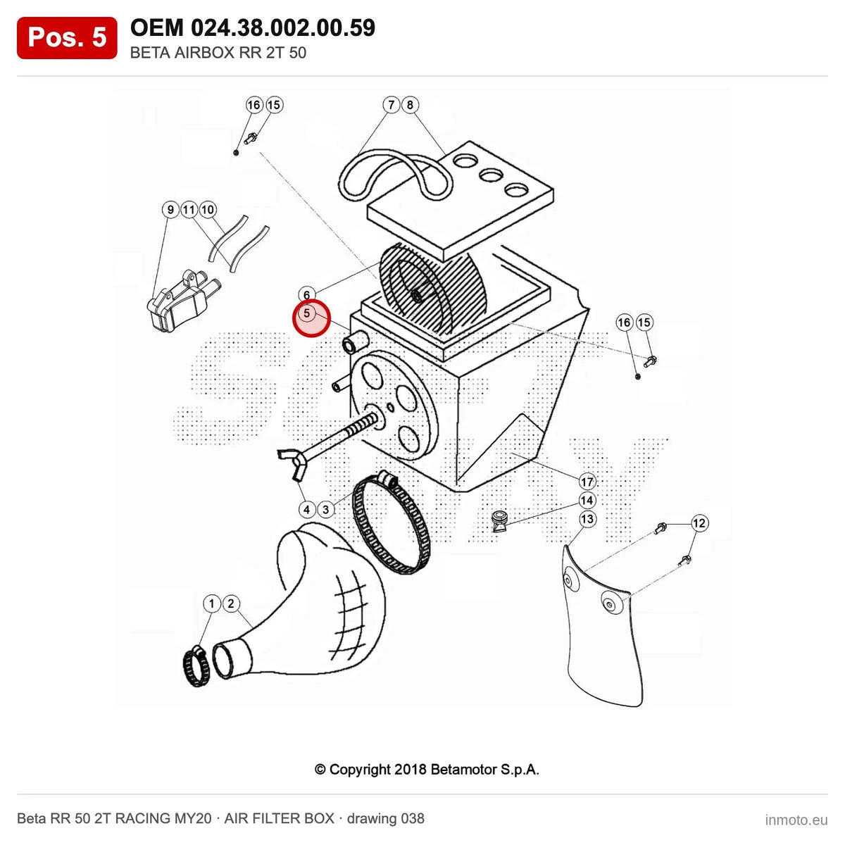BETA AIRBOX RR 2T 50 – OEM 024.38.002.00.59, position 5 on the Beta RR 50 2T RACING MY20 air filter box drawing