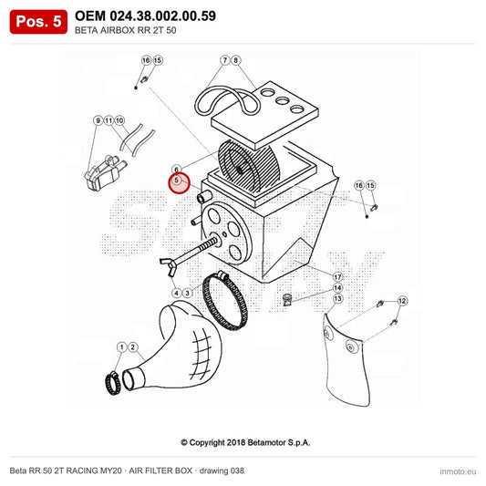 BETA AIRBOX RR 2T 50 – OEM 024.38.002.00.59, position 5 on the Beta RR 50 2T RACING MY20 air filter box drawing