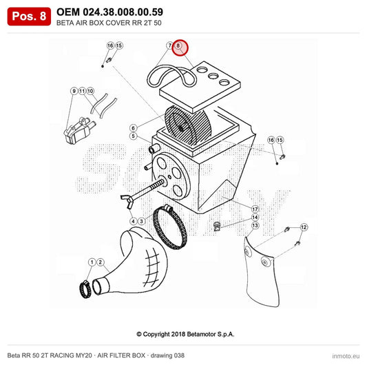 BETA AIR BOX COVER RR 2T 50 – OEM 024.38.008.00.59, position 8 on the Beta RR 50 2T RACING MY20 air filter box drawing