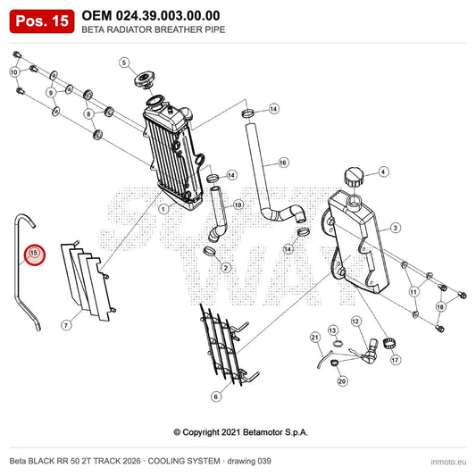 BETA RADIATOR BREATHER PIPE – OEM 024.39.003.00.00, position 15 on the Beta BLACK RR 50 2T TRACK 2026 cooling system drawing