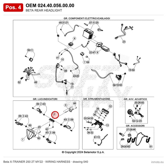 BETA REAR HEADLIGHT – OEM 024.40.056.00.00, position 4 on the Beta X-TRAINER 250 2T MY22 wiring harness drawing