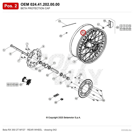 BETA PROTECTION CAP – OEM 024.41.202.00.00, position 2 on the Beta RX 350 2T MY27 rear wheel drawing