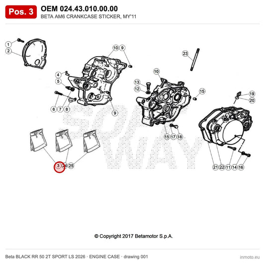 BETA AM6 CRANKCASE STICKER, MY'11 – OEM 024.43.010.00.00, position 3 on the Beta BLACK RR 50 2T SPORT LS 2026 engine case drawing