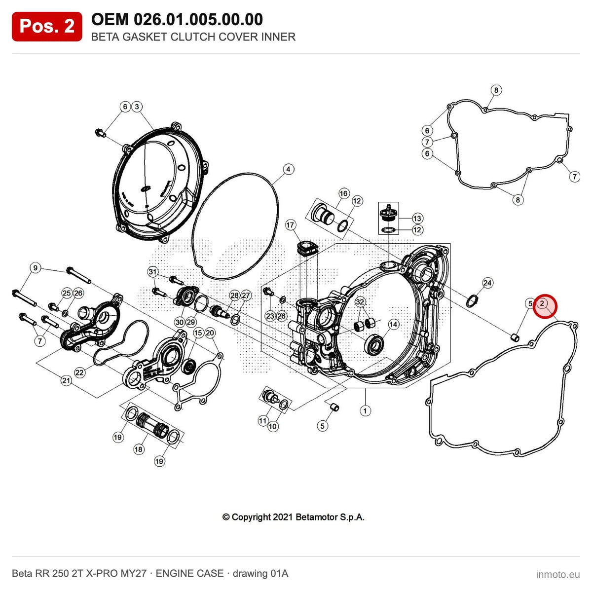 BETA GASKET CLUTCH COVER INNER – OEM 026.01.005.00.00, position 2 on the Beta RR 250 2T X-PRO MY27 engine case drawing