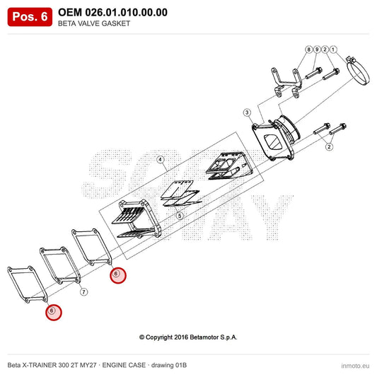 BETA VALVE GASKET – OEM 026.01.010.00.00, position 6 on the Beta X-TRAINER 300 2T MY27 engine case drawing