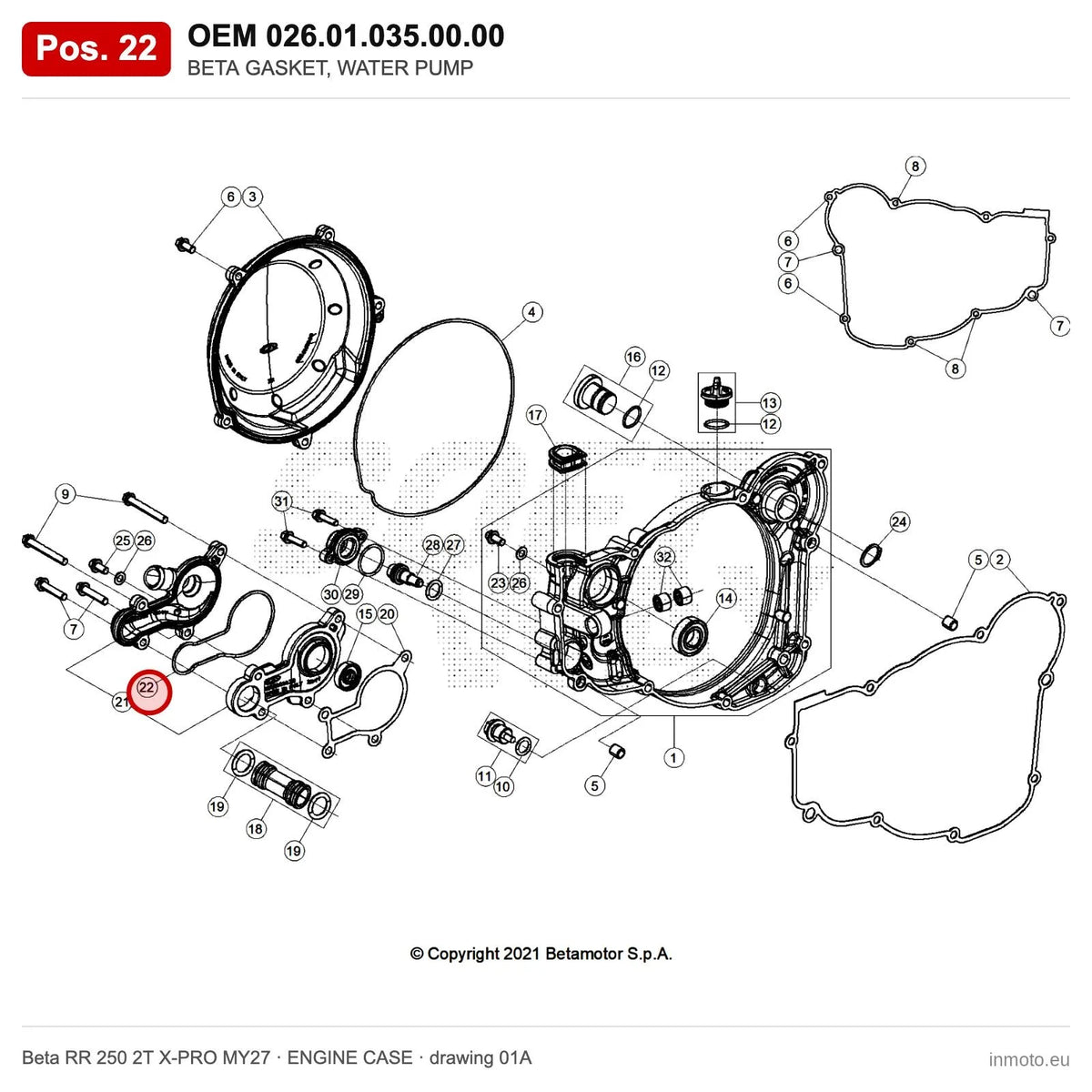 BETA GASKET, WATER PUMP – OEM 026.01.035.00.00, position 22 on the Beta RR 250 2T X-PRO MY27 engine case drawing