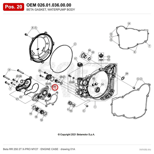 BETA GASKET, WATERPUMP BODY – OEM 026.01.036.00.00, position 20 on the Beta RR 250 2T X-PRO MY27 engine case drawing
