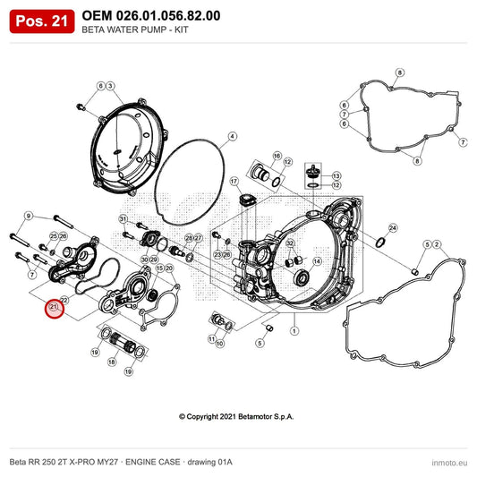 BETA WATER PUMP - KIT – OEM 026.01.056.82.00, position 21 on the Beta RR 250 2T X-PRO MY27 engine case drawing