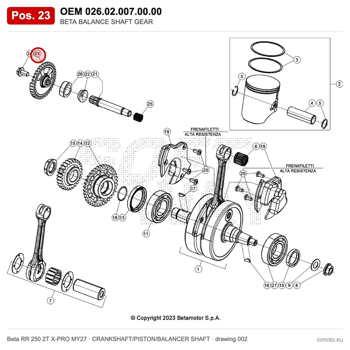 BETA BALANCE SHAFT GEAR – OEM 026.02.007.00.00, position 23 on the Beta RR 250 2T X-PRO MY27 crankshaft/piston/balancer shaft drawing
