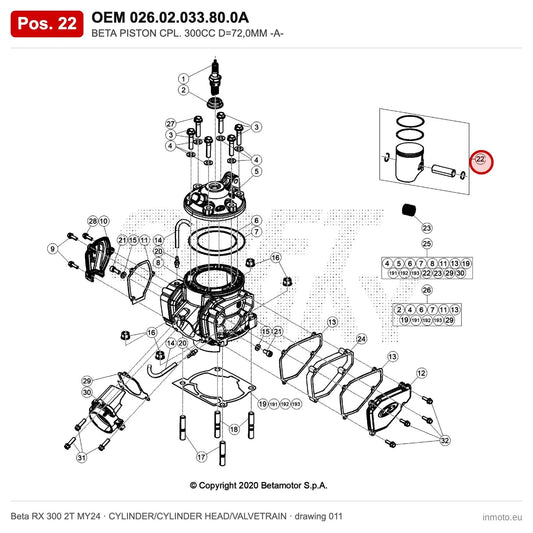 BETA PISTON CPL. 300CC D=72,0MM -A- – OEM 026.02.033.80.0A, position 22 on the Beta RX 300 2T MY24 cylinder/cylinder head/valvetrain drawing