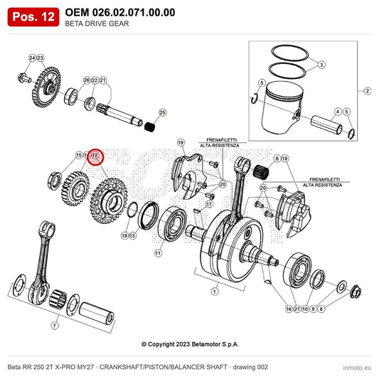 BETA DRIVE GEAR – OEM 026.02.071.00.00, position 12 on the Beta RR 250 2T X-PRO MY27 crankshaft/piston/balancer shaft drawing