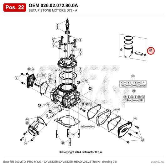 BETA ENGINE PISTON D73 - A – OEM 026.02.072.80.0A, position 22 on the Beta RR 300 2T X-PRO MY27 cylinder/cylinder head/valvetrain drawing