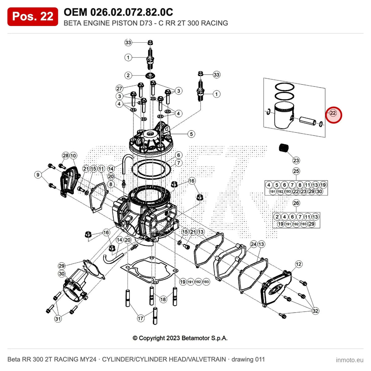 BETA ENGINE PISTON D73 - C RR 2T 300 RACING – OEM 026.02.072.82.0C, position 22 on the Beta RR 300 2T RACING MY24 cylinder/cylinder head/valvetrain drawing