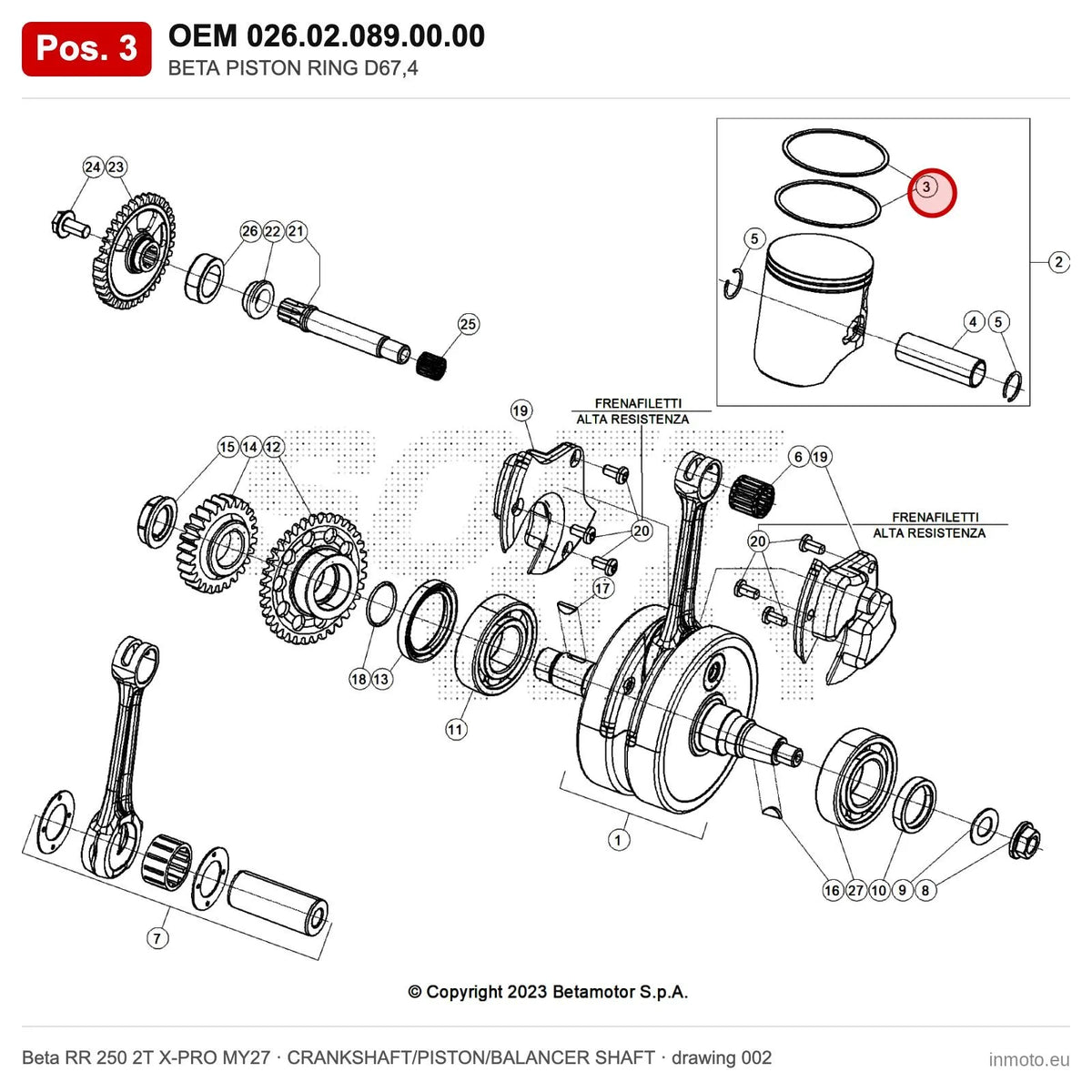 BETA PISTON RING D67,4 – OEM 026.02.089.00.00, position 3 on the Beta RR 250 2T X-PRO MY27 crankshaft/piston/balancer shaft drawing