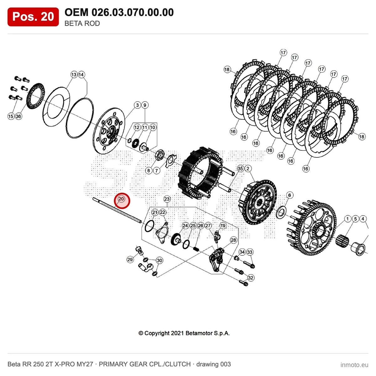 BETA ROD – OEM 026.03.070.00.00, position 20 on the Beta RR 250 2T X-PRO MY27 primary gear cpl./clutch drawing