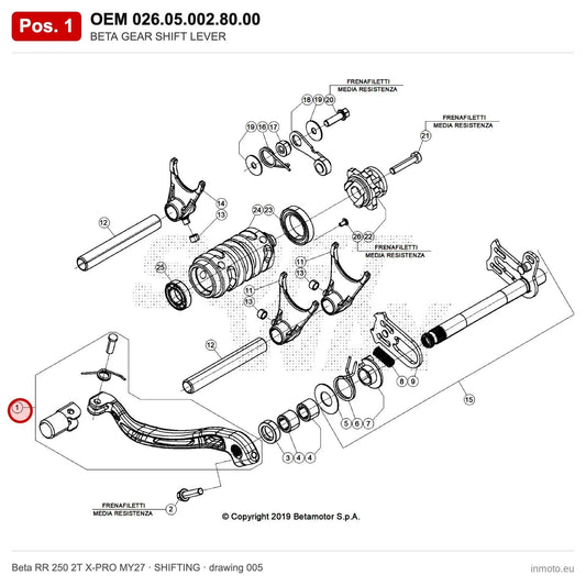 BETA GEAR SHIFT LEVER – OEM 026.05.002.80.00, position 1 on the Beta RR 250 2T X-PRO MY27 shifting drawing