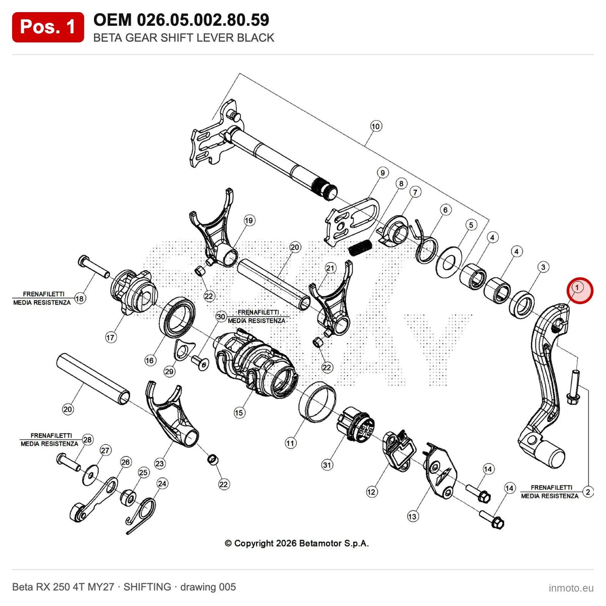 BETA GEAR SHIFT LEVER BLACK – OEM 026.05.002.80.59, position 1 on the Beta RX 250 4T MY27 shifting drawing