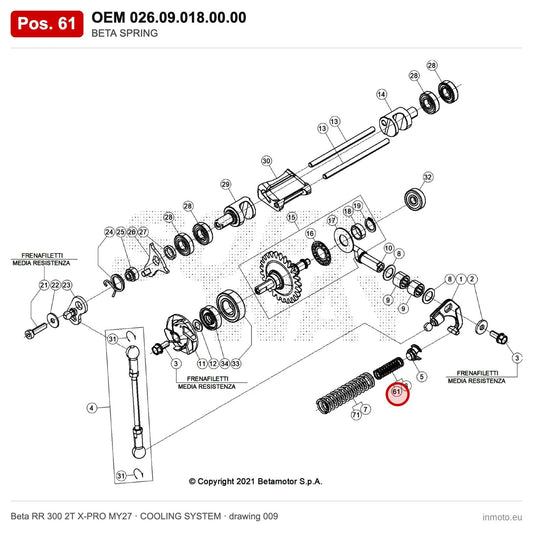 BETA SPRING – OEM 026.09.018.00.00, position 61 on the Beta RR 300 2T X-PRO MY27 cooling system drawing