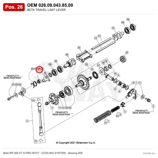 BETA TRAVEL LIMIT LEVER – OEM 026.09.043.85.00, position 26 on the Beta RR 300 2T X-PRO MY27 cooling system drawing