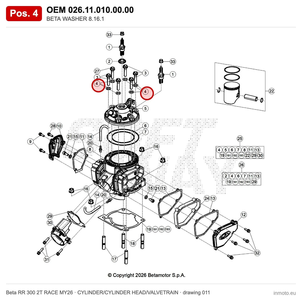 BETA WASHER 8.16.1 – OEM 026.11.010.00.00, position 4 on the Beta RR 300 2T RACE MY26 cylinder/cylinder head/valvetrain drawing