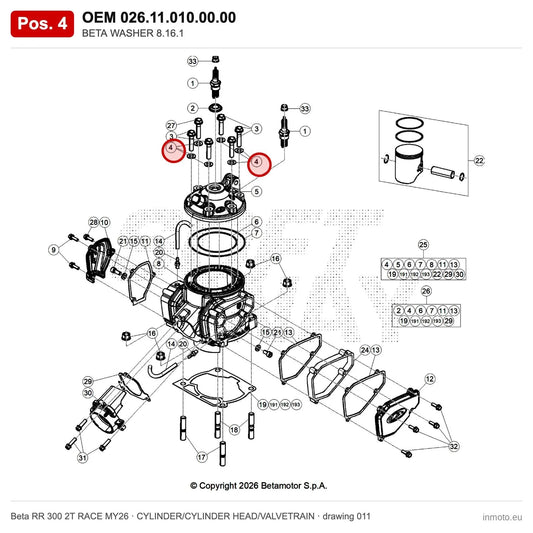 BETA WASHER 8.16.1 – OEM 026.11.010.00.00, position 4 on the Beta RR 300 2T RACE MY26 cylinder/cylinder head/valvetrain drawing