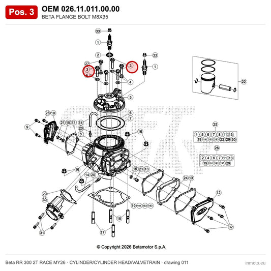 BETA FLANGE BOLT M8X35 – OEM 026.11.011.00.00, position 3 on the Beta RR 300 2T RACE MY26 cylinder/cylinder head/valvetrain drawing