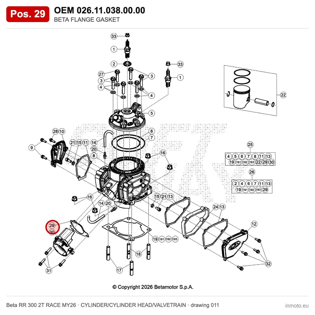 BETA FLANGE GASKET – OEM 026.11.038.00.00, position 29 on the Beta RR 300 2T RACE MY26 cylinder/cylinder head/valvetrain drawing