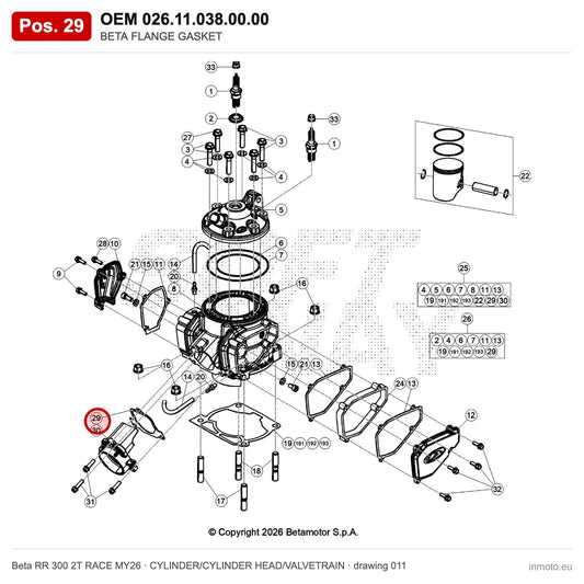 BETA FLANGE GASKET – OEM 026.11.038.00.00, position 29 on the Beta RR 300 2T RACE MY26 cylinder/cylinder head/valvetrain drawing