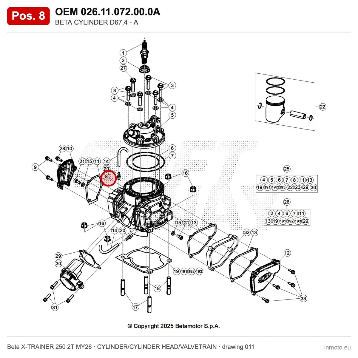 BETA CYLINDER D67,4 - A – OEM 026.11.072.00.0A, position 8 on the Beta X-TRAINER 250 2T MY26 cylinder/cylinder head/valvetrain drawing