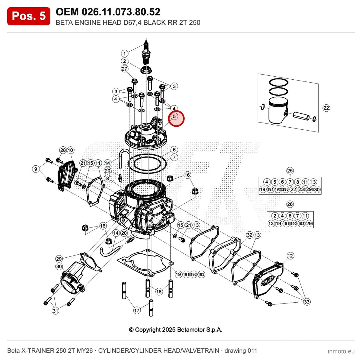 BETA ENGINE HEAD D67,4 BLACK RR 2T 250 – OEM 026.11.073.80.52, position 5 on the Beta X-TRAINER 250 2T MY26 cylinder/cylinder head/valvetrain drawing