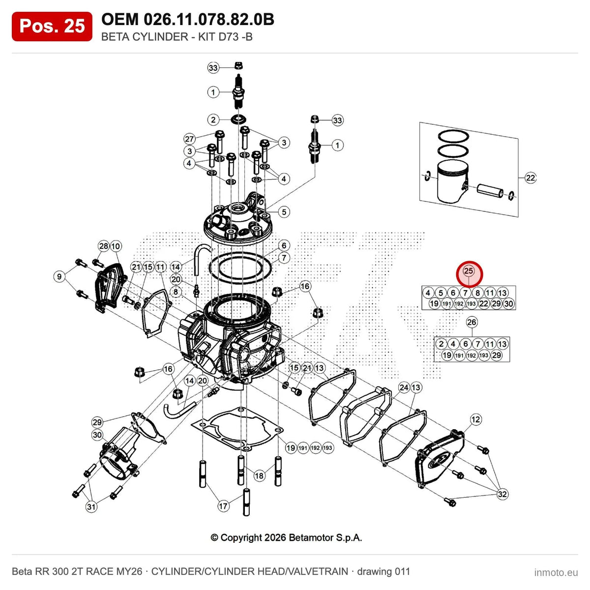 BETA CYLINDER - KIT D73 -B – OEM 026.11.078.82.0B, position 25 on the Beta RR 300 2T RACE MY26 cylinder/cylinder head/valvetrain drawing