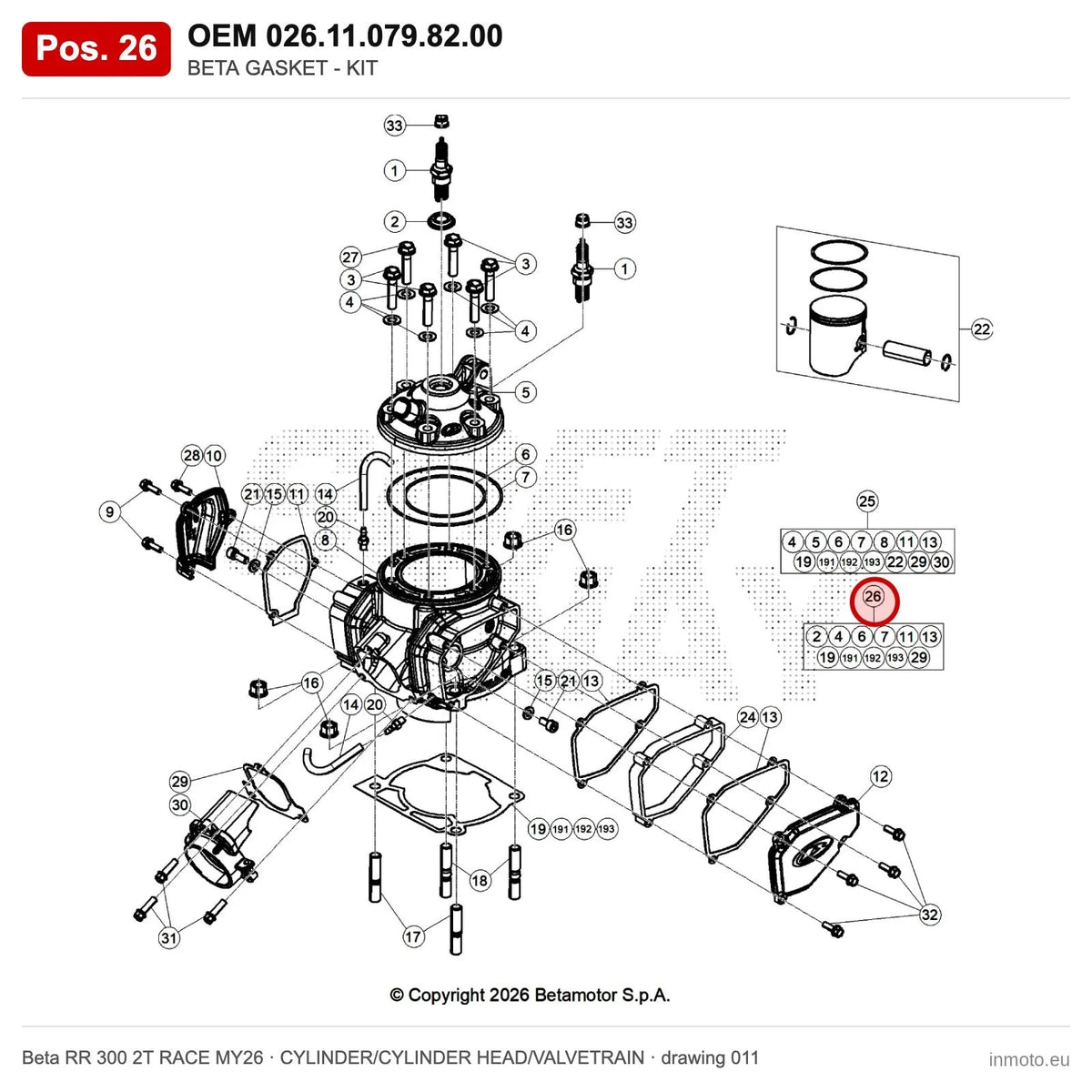BETA GASKET - KIT – OEM 026.11.079.82.00, position 26 on the Beta RR 300 2T RACE MY26 cylinder/cylinder head/valvetrain drawing