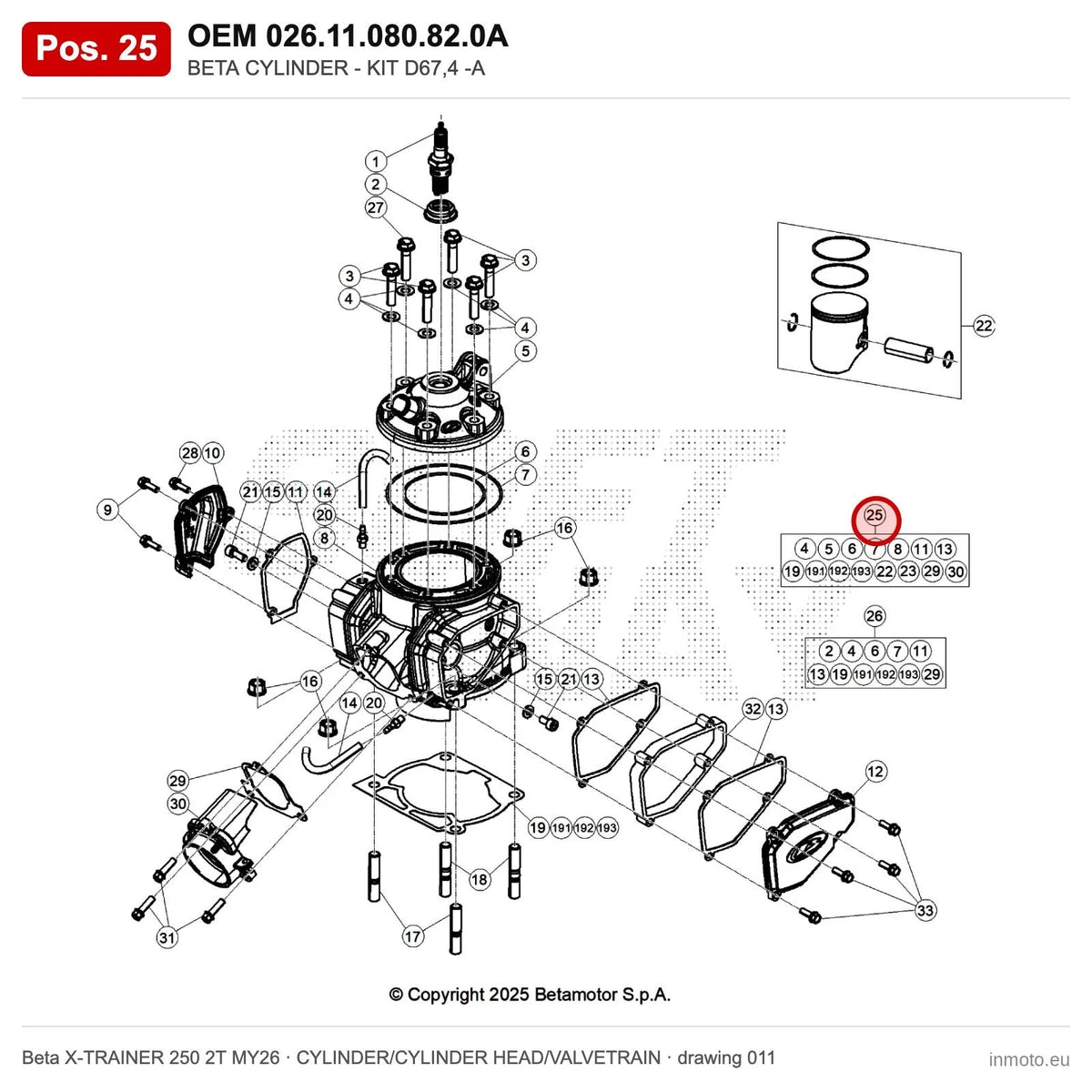 BETA CYLINDER - KIT D67,4 -A – OEM 026.11.080.82.0A, position 25 on the Beta X-TRAINER 250 2T MY26 cylinder/cylinder head/valvetrain drawing