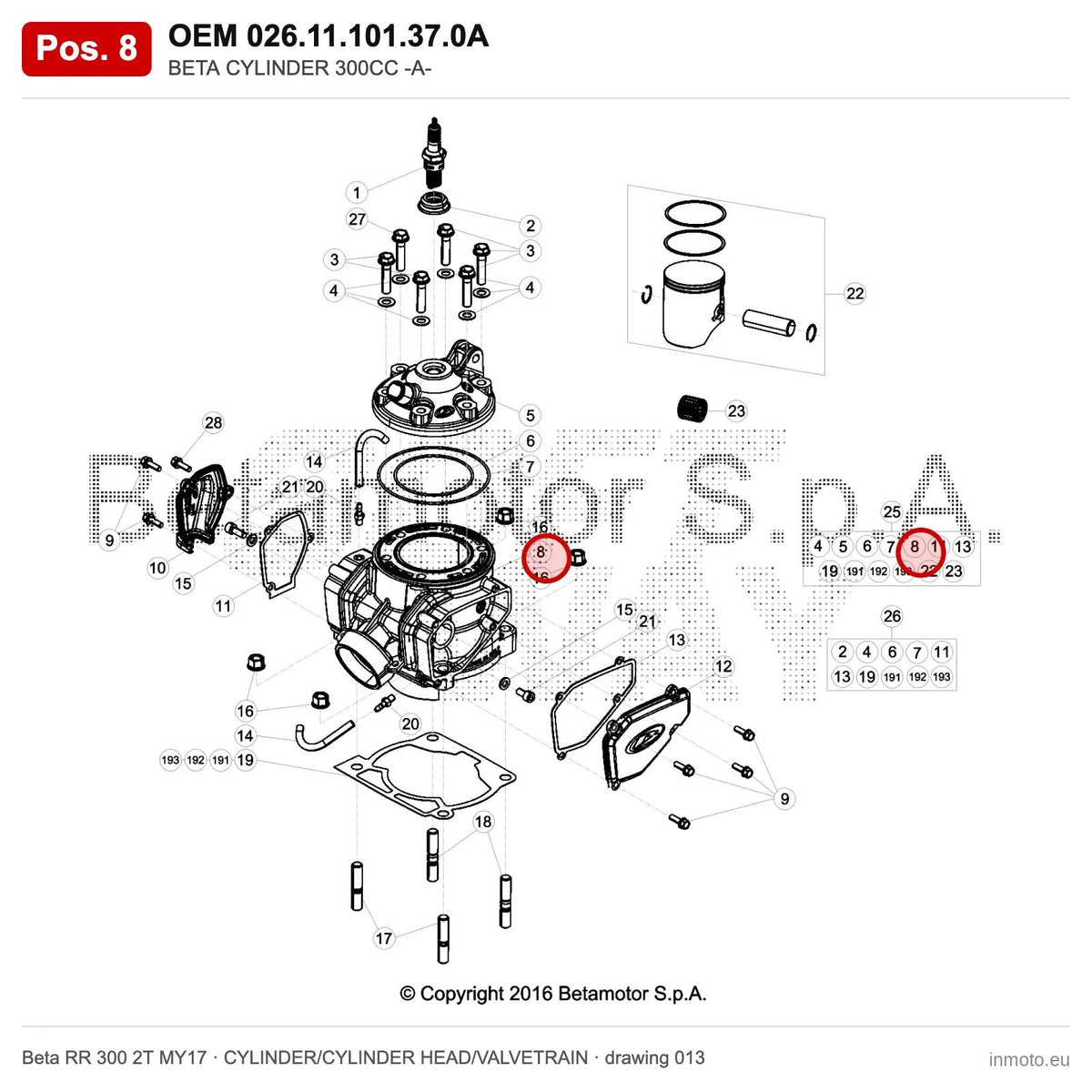 BETA CYLINDER 300CC -A- – OEM 026.11.101.37.0A, position 8 on the Beta RR 300 2T MY17 cylinder/cylinder head/valvetrain drawing