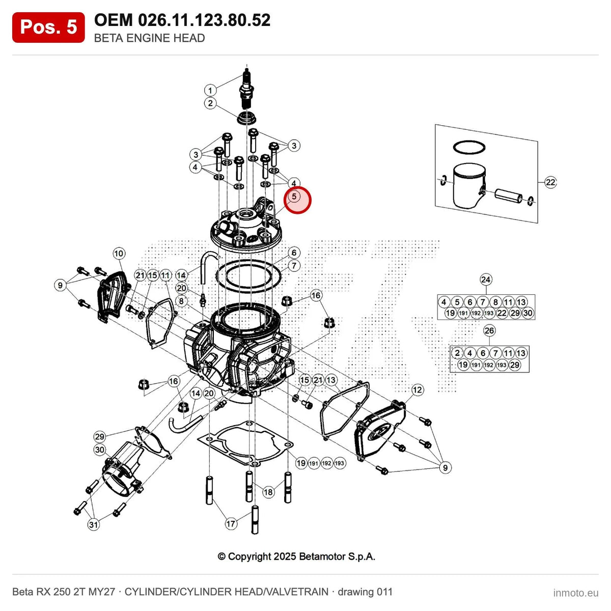 BETA ENGINE HEAD – OEM 026.11.123.80.52, position 5 on the Beta RX 250 2T MY27 cylinder/cylinder head/valvetrain drawing