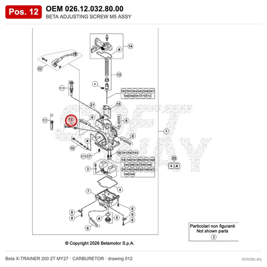 BETA ADJUSTING SCREW M5 ASSY – OEM 026.12.032.80.00, position 12 on the Beta X-TRAINER 200 2T MY27 carburetor drawing