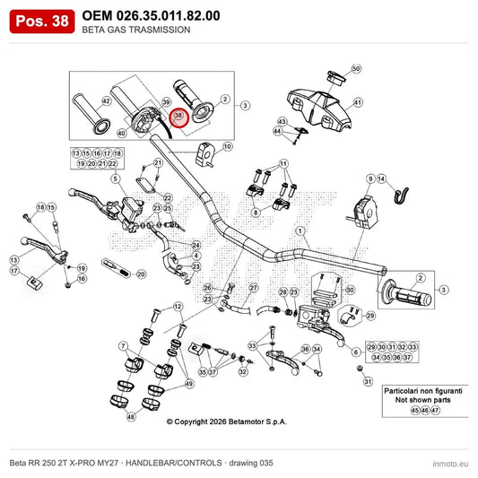 BETA GAS TRASMISSION – OEM 026.35.011.82.00, position 38 on the Beta RR 250 2T X-PRO MY27 handlebar/controls drawing
