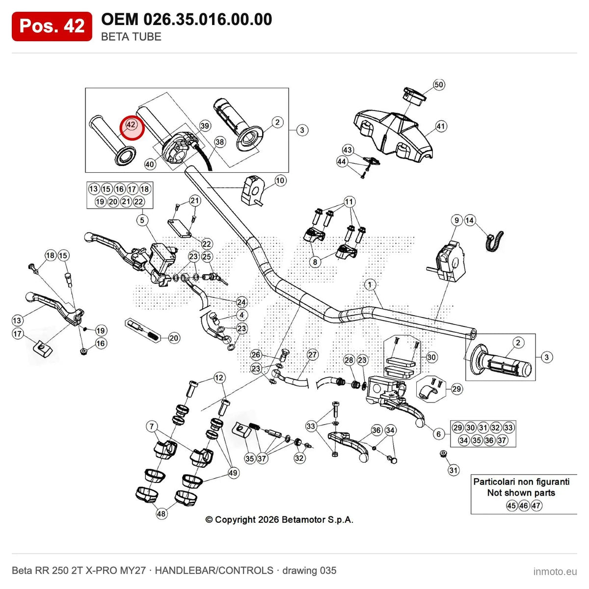 BETA TUBE – OEM 026.35.016.00.00, position 42 on the Beta RR 250 2T X-PRO MY27 handlebar/controls drawing