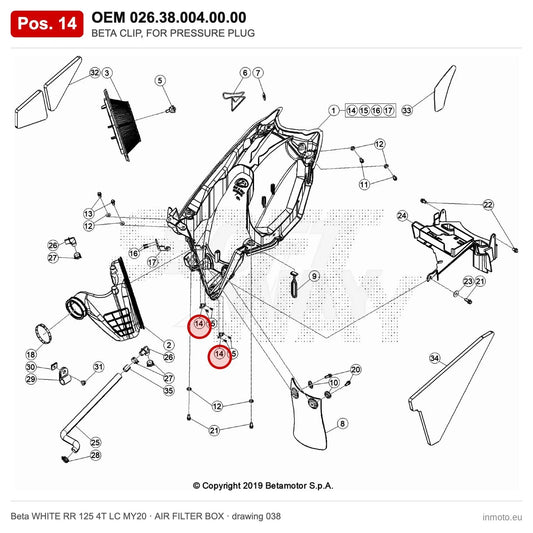 BETA CLIP, FOR PRESSURE PLUG – OEM 026.38.004.00.00, position 14 on the Beta WHITE RR 125 4T LC MY20 air filter box drawing