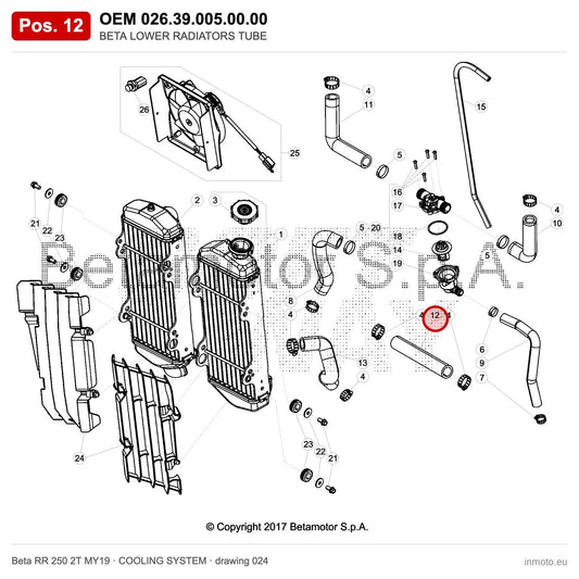 BETA LOWER RADIATORS TUBE – OEM 026.39.005.00.00, position 12 on the Beta RR 250 2T MY19 cooling system drawing
