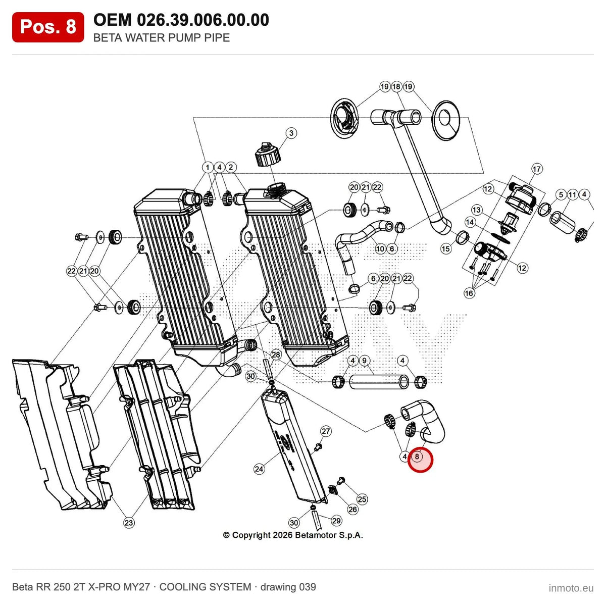 BETA WATER PUMP PIPE – OEM 026.39.006.00.00, position 8 on the Beta RR 250 2T X-PRO MY27 cooling system drawing